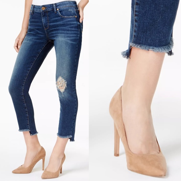 Kut from the Kloth Emma Ankle Straight Leg Distressed Raw Hem Jeans - Picture 1 of 14